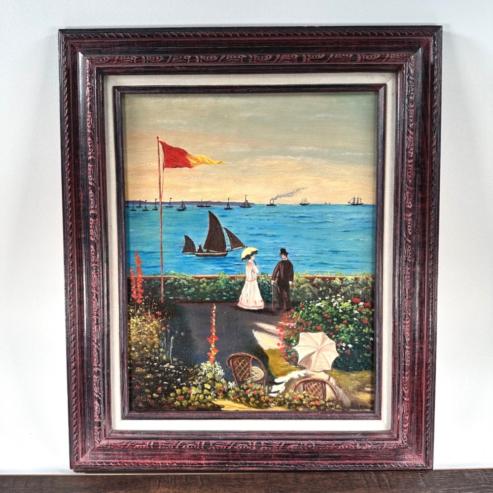 Vintage Framed Oil Painting Sainte-Adresse French Country 11x14 Cottagecore